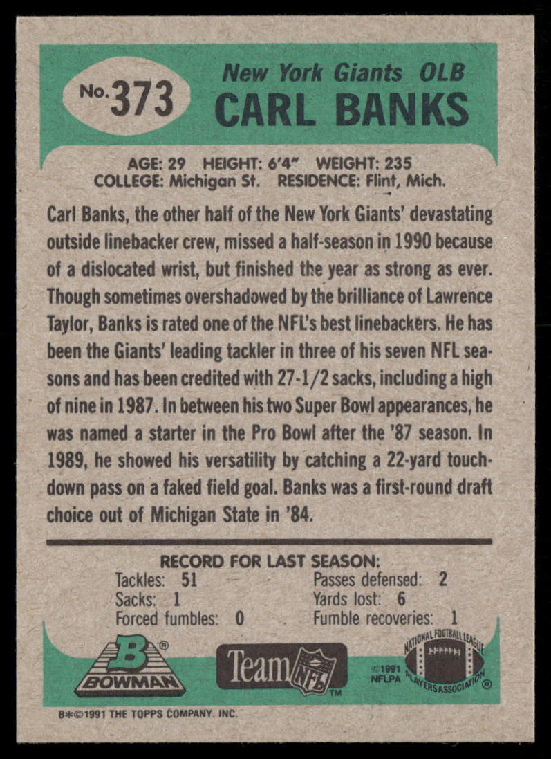 Carl Banks 1991 Bowman #373 New York Giants