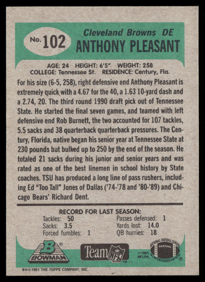 Anthony Pleasant 1991 Bowman #102 Cleveland Browns