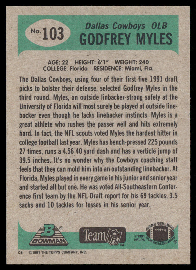 Godfrey Myles 1991 Bowman #103 RC Dallas Cowboys