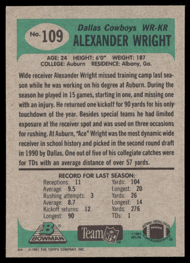 Alexander Wright 1991 Bowman #109 Dallas Cowboys