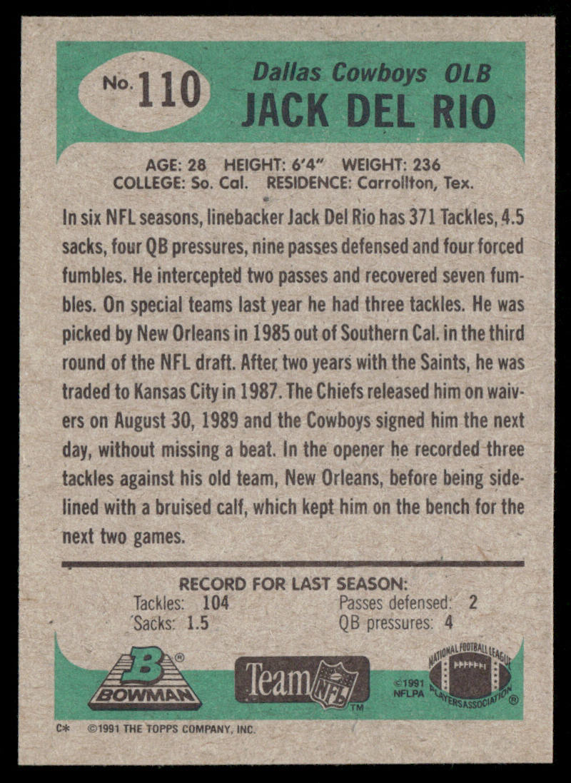 Jack Del Rio 1991 Bowman #110 Dallas Cowboys