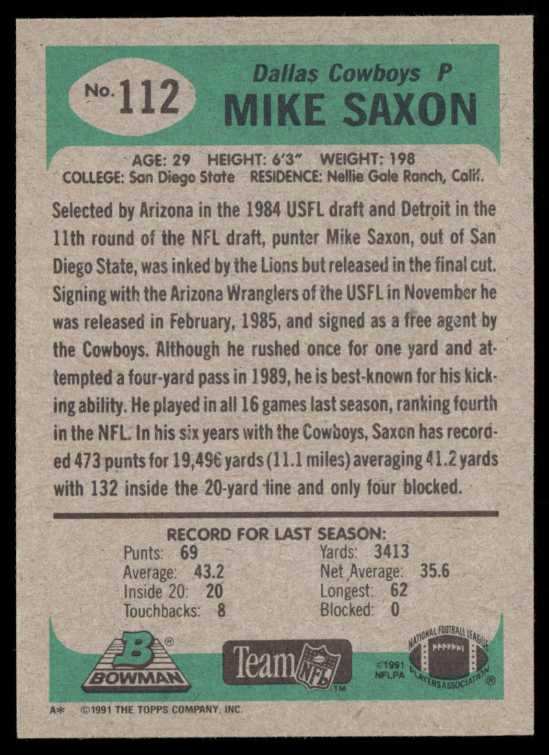 Mike Saxon 1991 Bowman #112 Dallas Cowboys