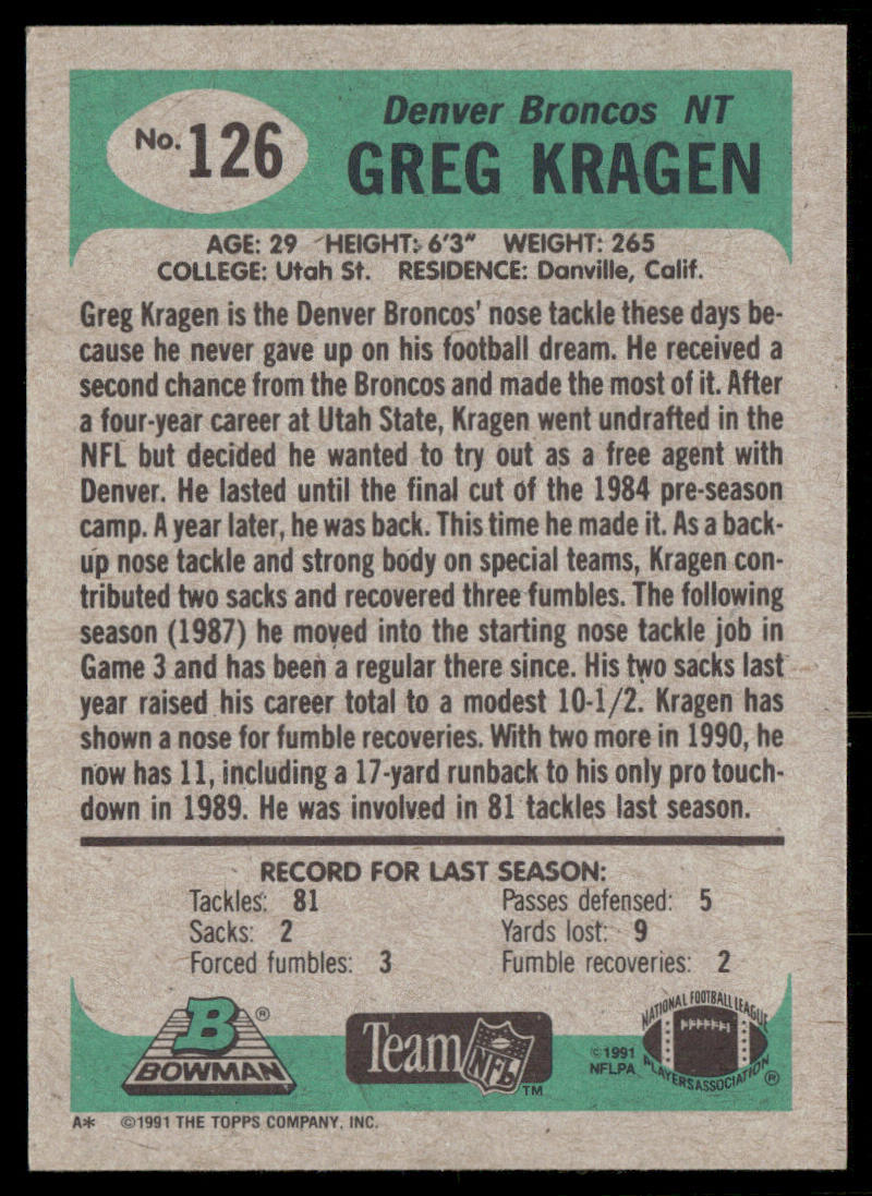 Greg Kragen 1991 Bowman #126 Denver Broncos