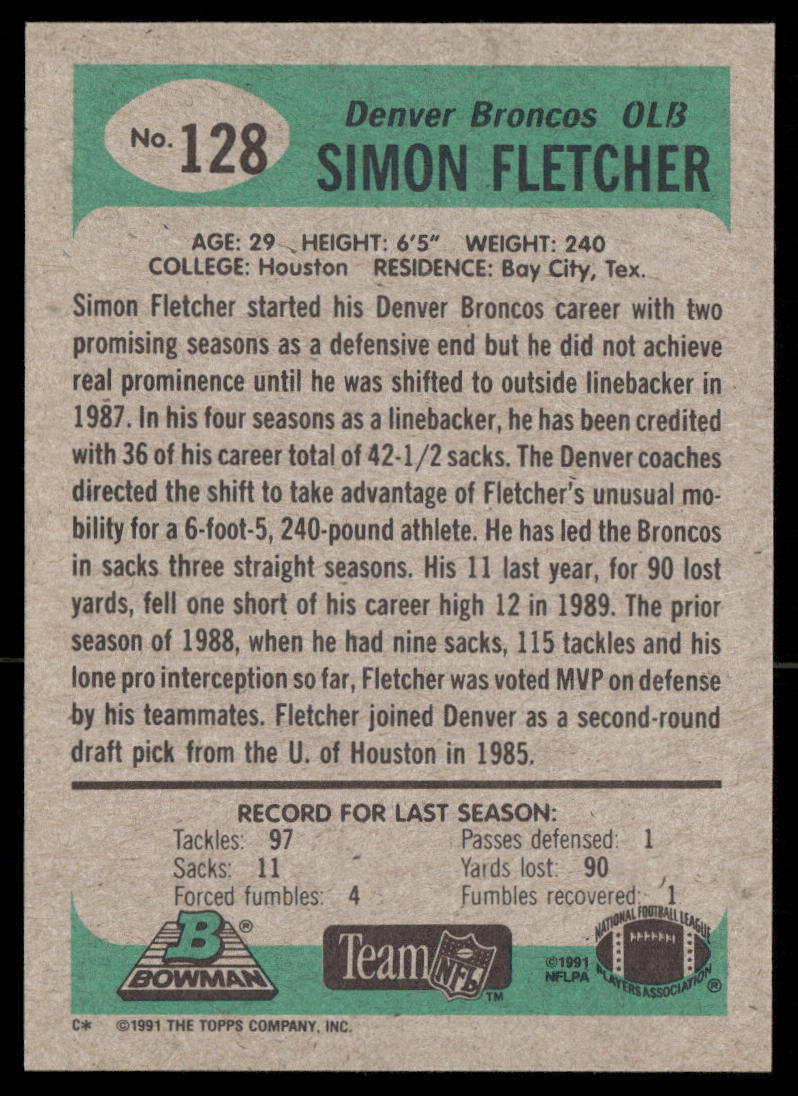 Simon Fletcher 1991 Bowman #128 Denver Broncos