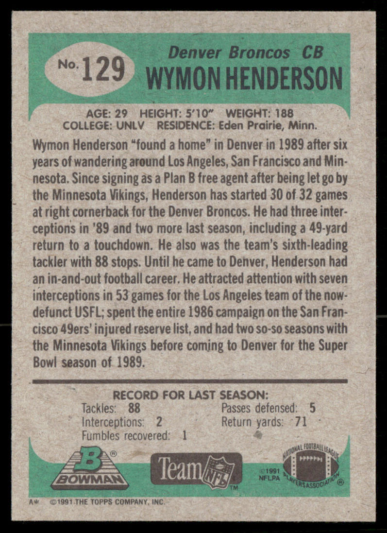 Wymon Henderson 1991 Bowman #129 Denver Broncos