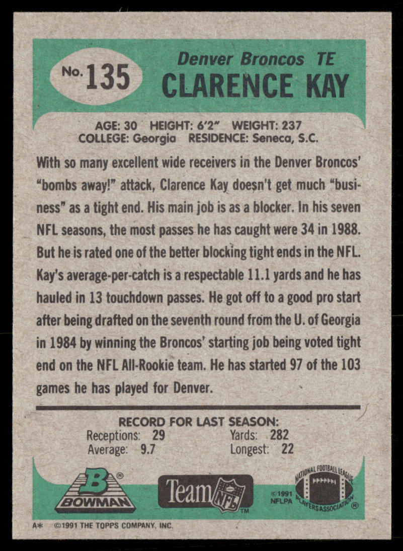 Clarence Kay 1991 Bowman #135 Denver Broncos