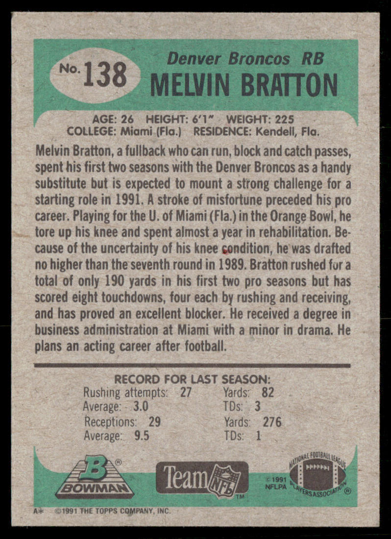 Melvin Bratton 1991 Bowman #138 Denver Broncos