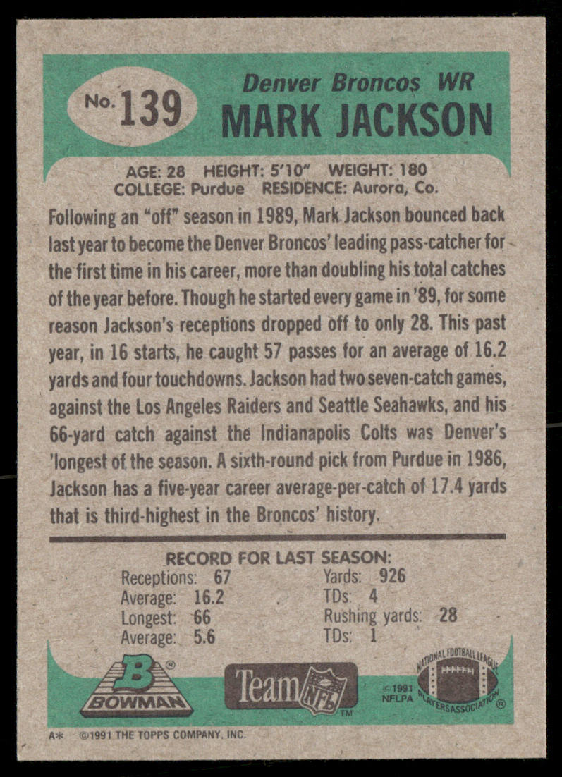 Mark Jackson 1991 Bowman #139 Denver Broncos