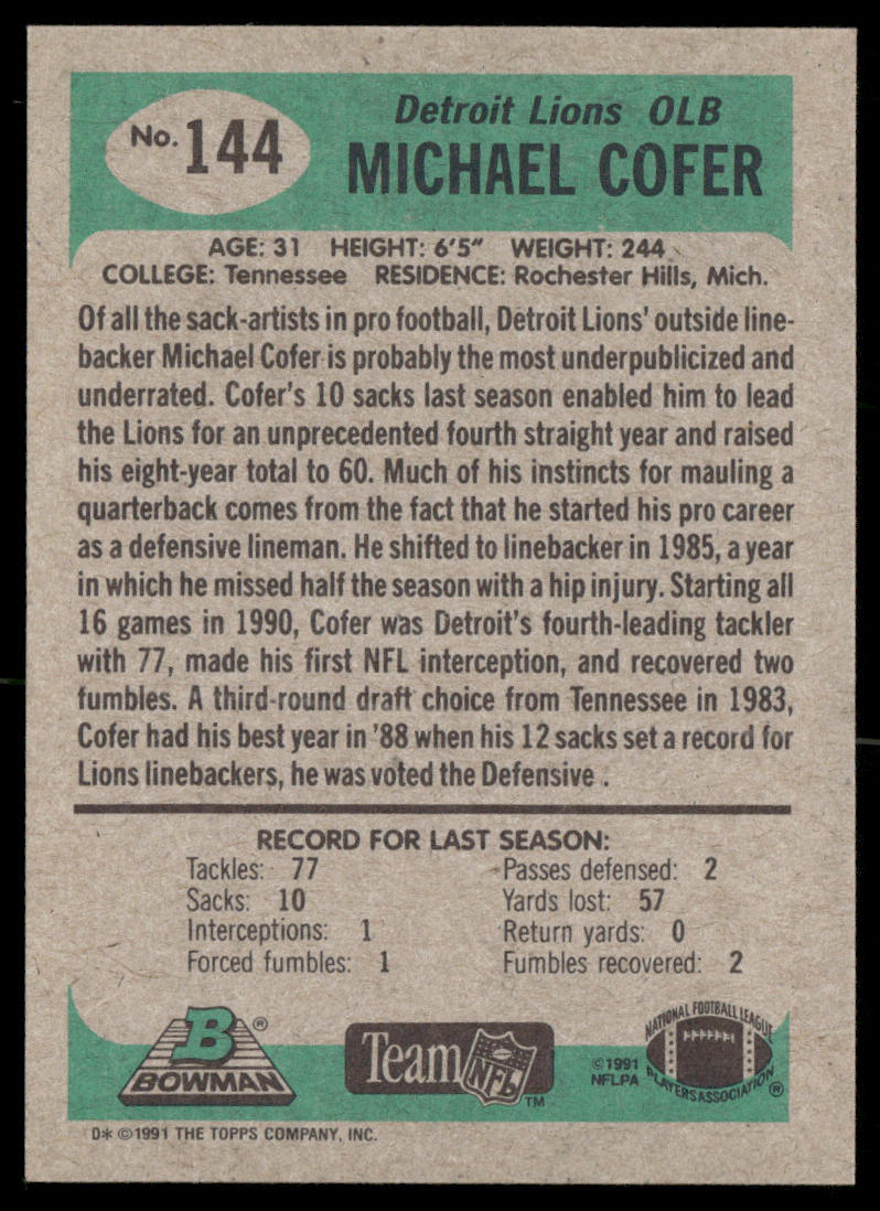 Michael Cofer 1991 Bowman #144 Detroit Lions