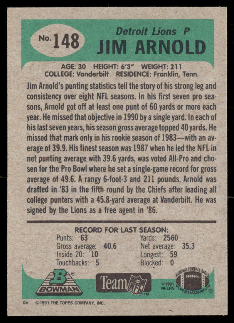 Jim Arnold 1991 Bowman #148 Detroit Lions