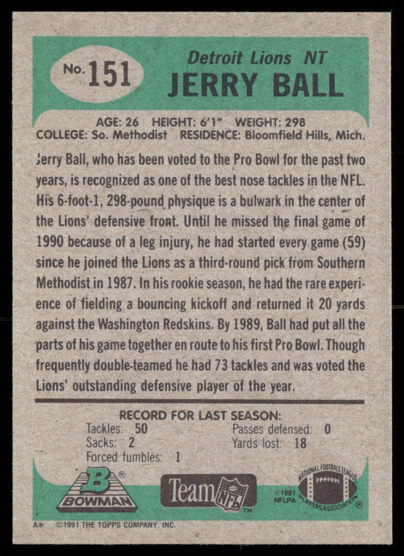 Jerry Ball 1991 Bowman #151 Detroit Lions