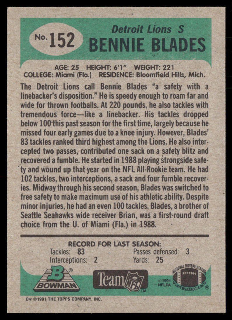 Bennie Blades 1991 Bowman #152 Detroit Lions