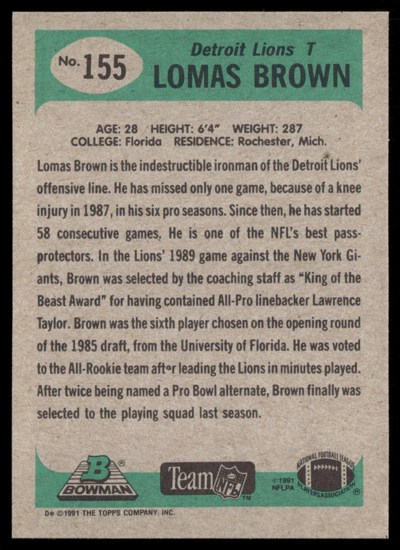 Lomas Brown 1991 Bowman #155 Detroit Lions