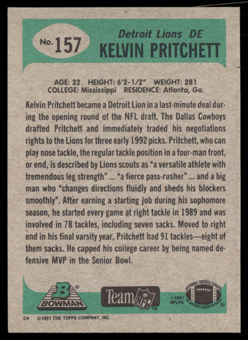 Kelvin Pritchett 1991 Bowman #157 RC Detroit Lions