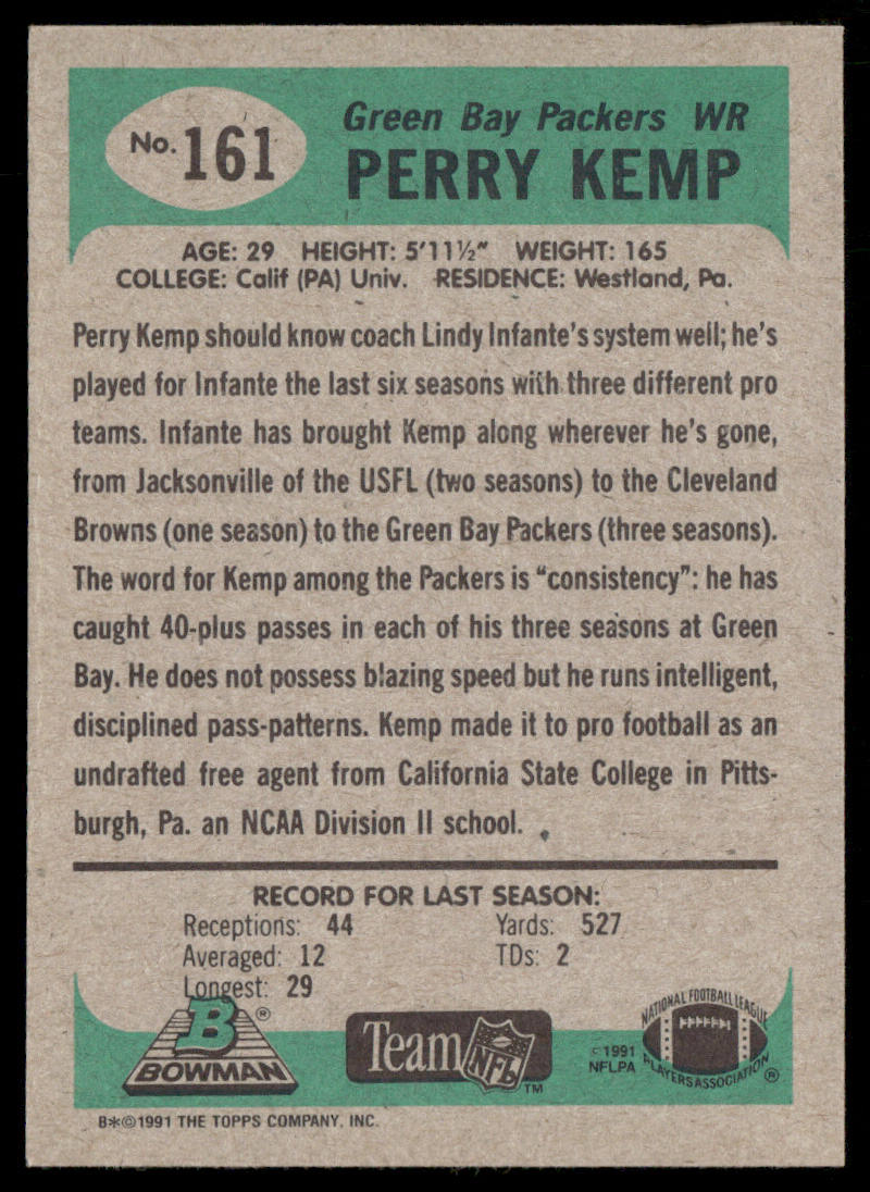 Perry Kemp 1991 Bowman #161 Green Bay Packers