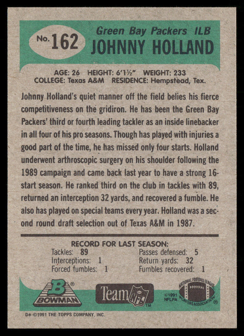 Johnny Holland 1991 Bowman #162 Green Bay Packers