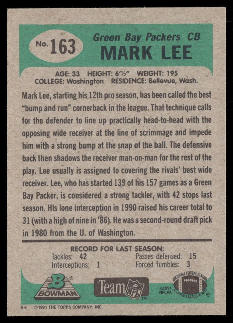Mark Lee 1991 Bowman #163 Green Bay Packers