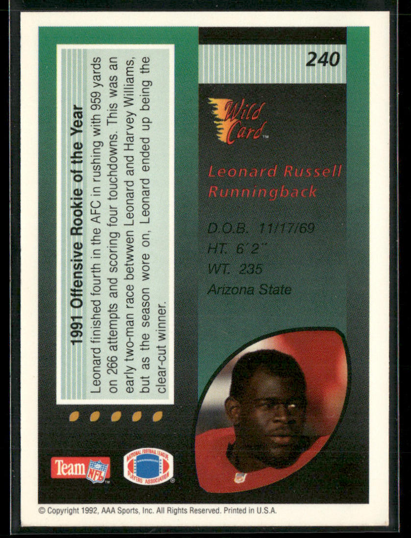 Leonard Russell 1992 Wild Card #240 New England Patriots