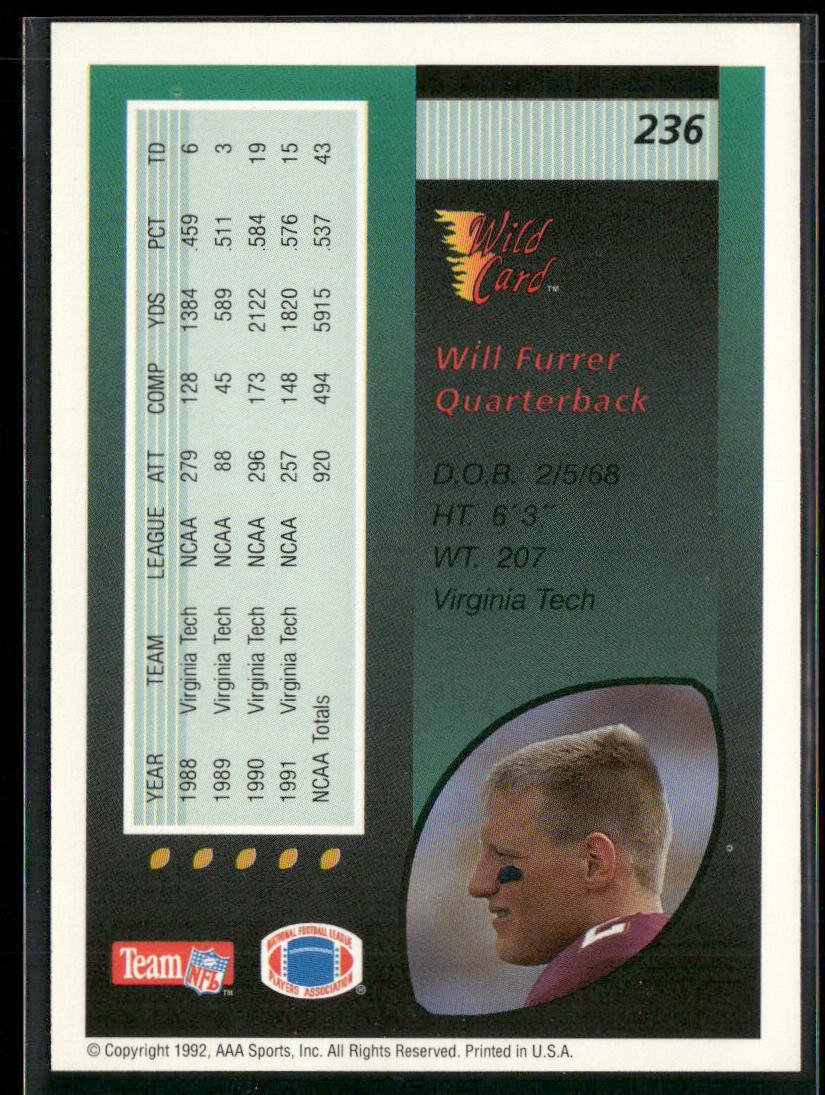 Will Furrer 1992 Wild Card #236 RC Chicago Bears
