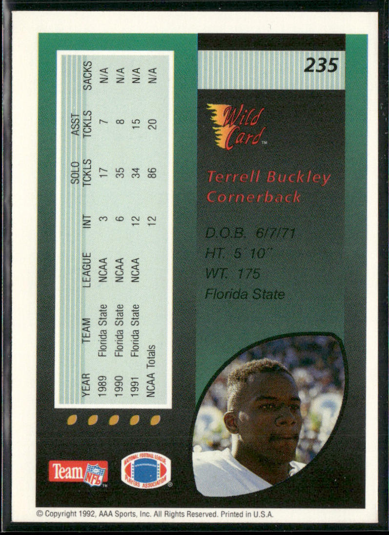 Terrell Buckley 1992 Wild Card #235 RC Green Bay Packers