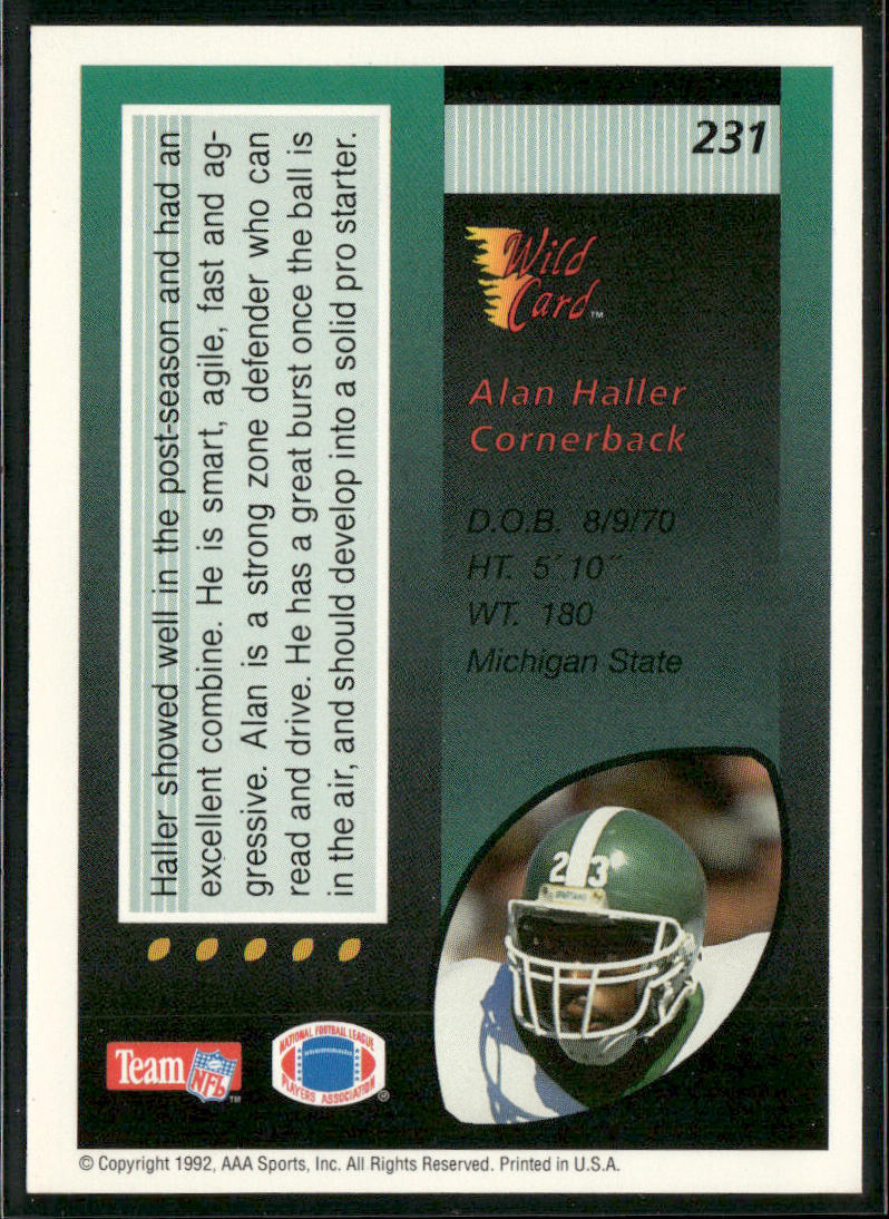 Alan Haller 1992 Wild Card #231 RC Pittsburgh Steelers