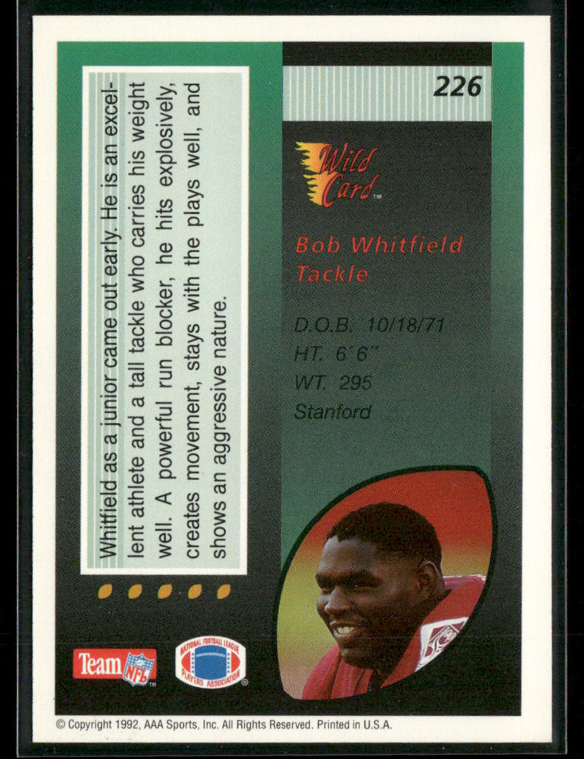 Bob Whitfield 1992 Wild Card #226 RC Atlanta Falcons