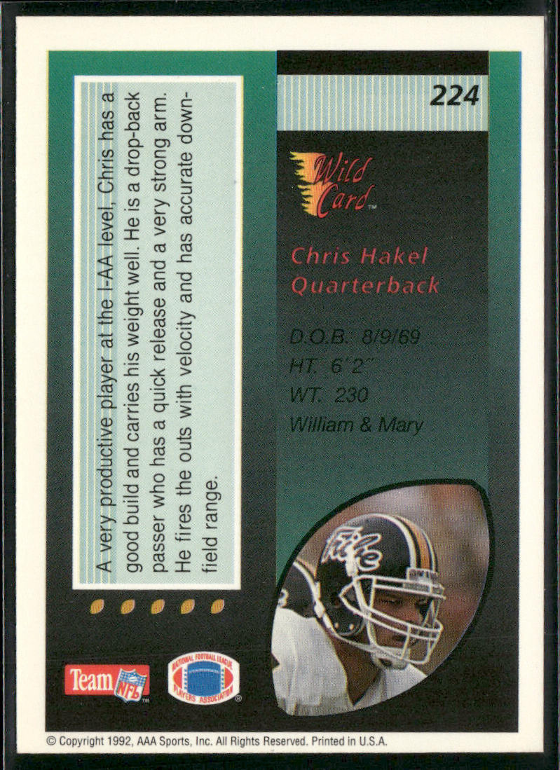 Chris Hakel 1992 Wild Card #224 RC Washington Redskins