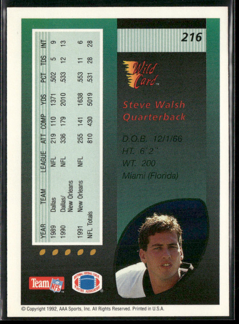 Steve Walsh 1992 Wild Card #216 New Orleans Saints