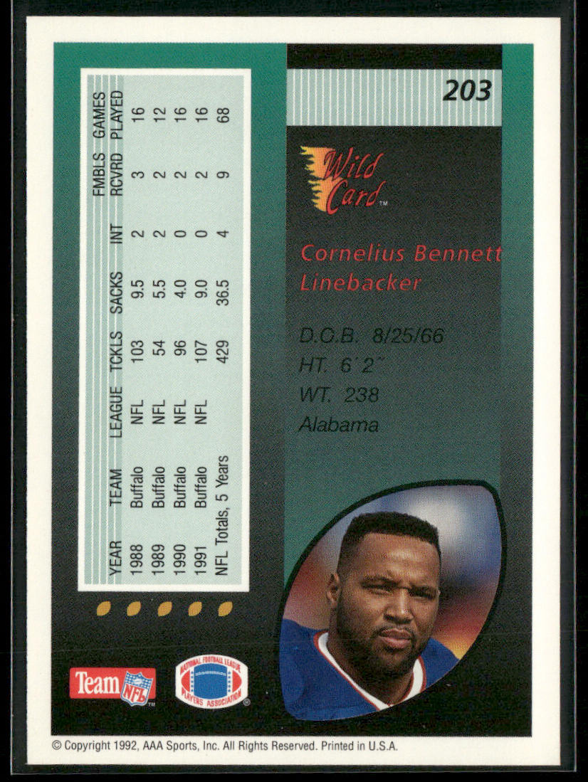 Cornelius Bennett 1992 Wild Card #203 Buffalo Bills