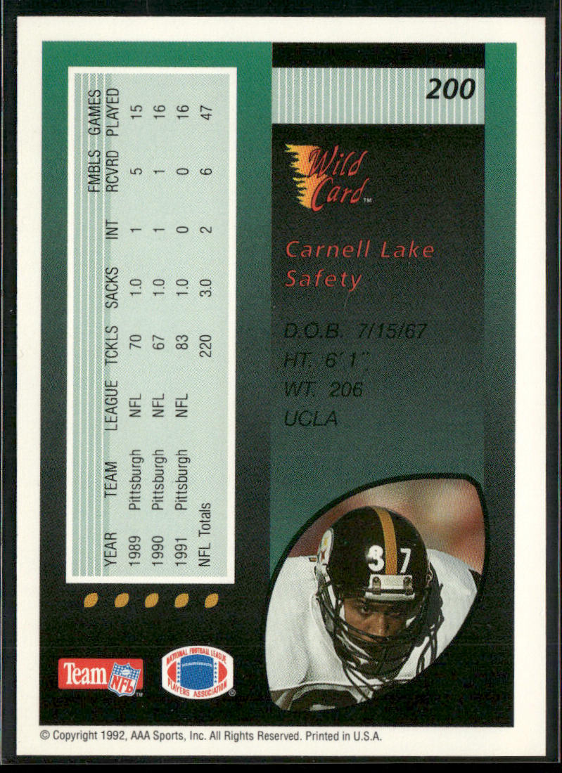 Carnell Lake 1992 Wild Card #200 Pittsburgh Steelers