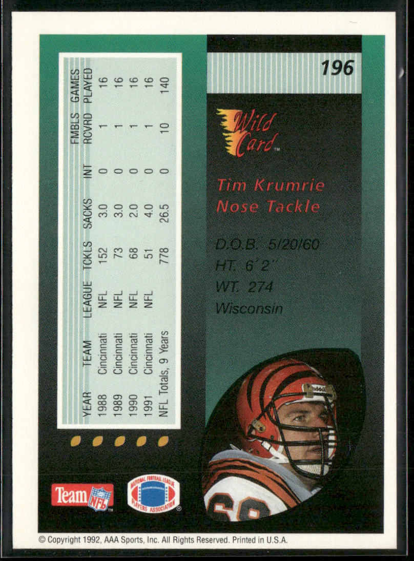 Tim Krumrie 1992 Wild Card #196 Cincinnati Bengals