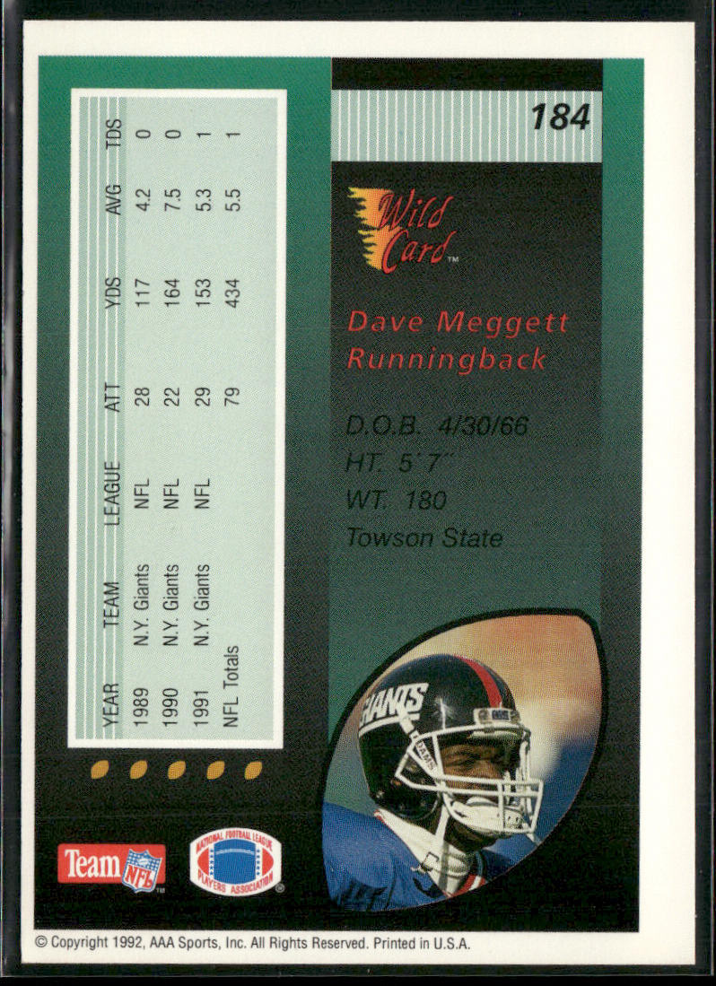 Dave Meggett 1992 Wild Card #184 New York Giants
