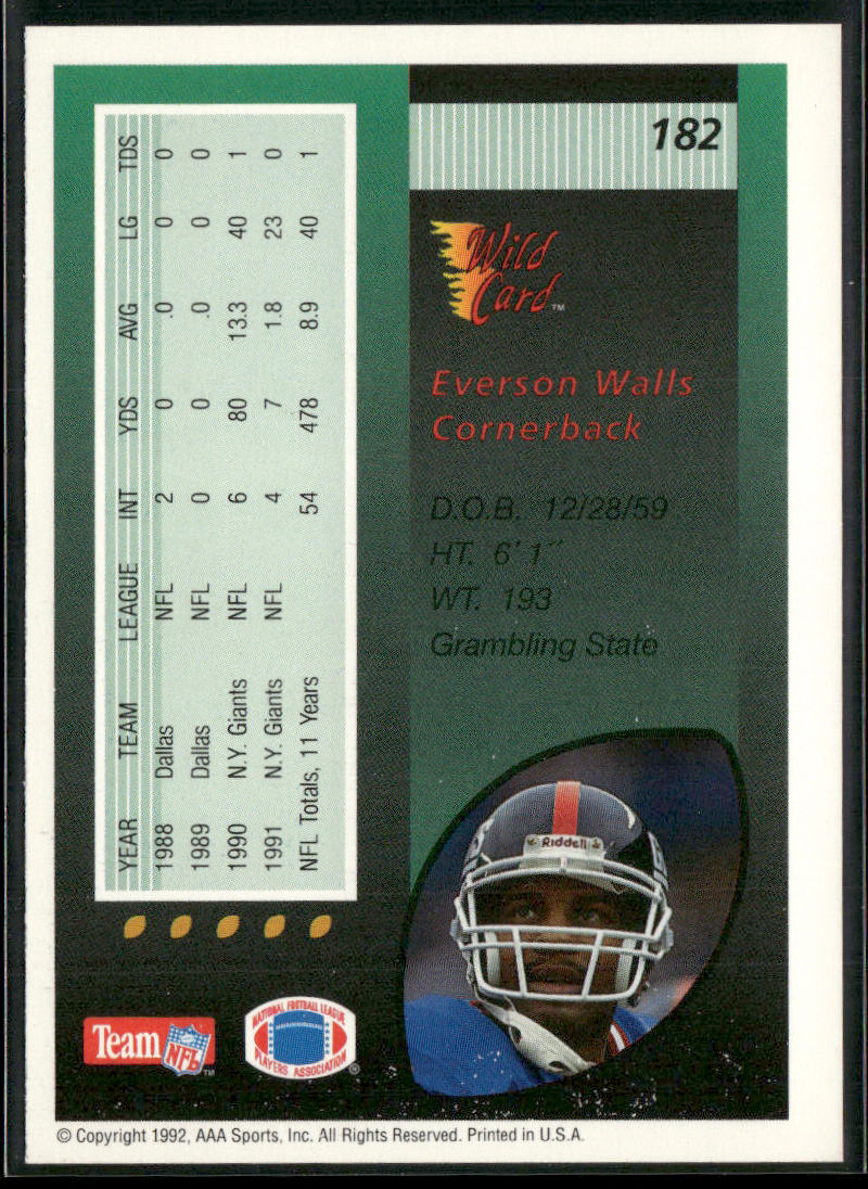 Everson Walls 1992 Wild Card #182 New York Giants