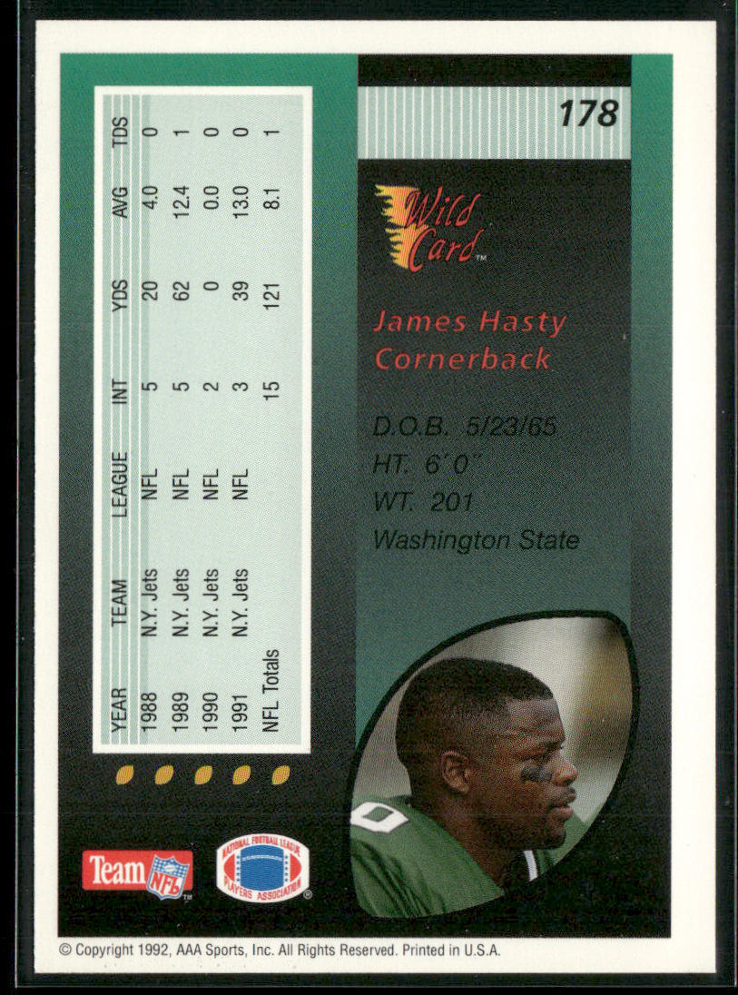 James Hasty 1992 Wild Card #178 New York Jets
