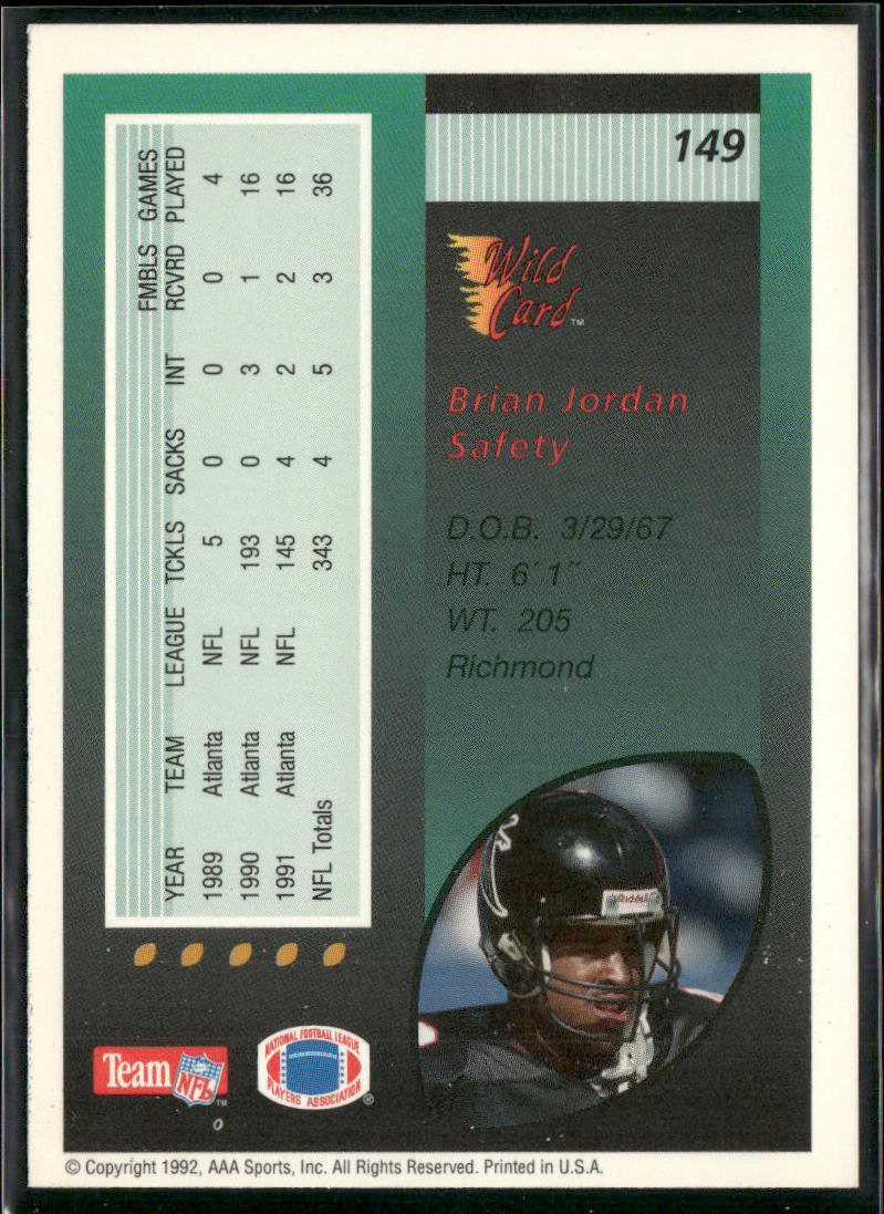 Brian Jordan 1992 Wild Card #149 Atlanta Falcons
