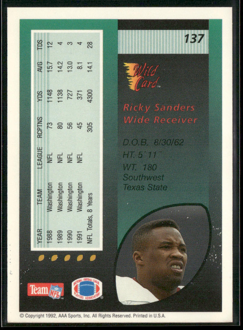 Ricky Sanders 1992 Wild Card #137 Washington Redskins