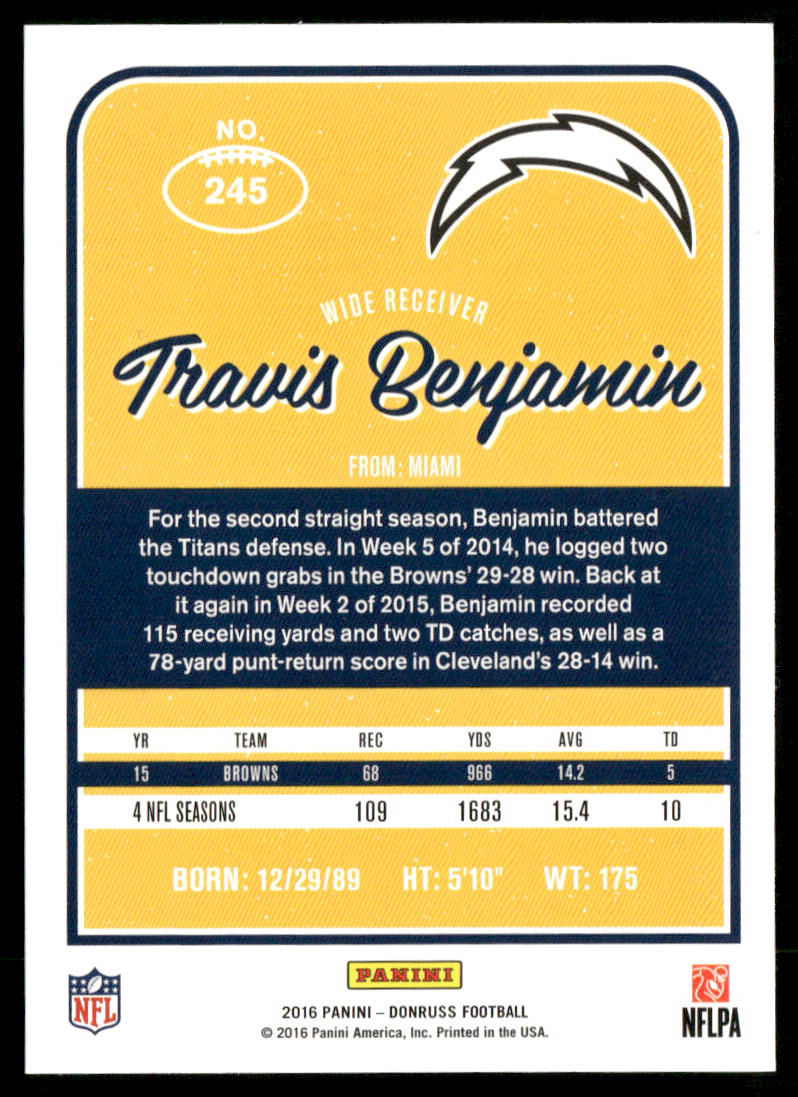 Travis Benjamin 2016 Donruss #245 San Diego Chargers