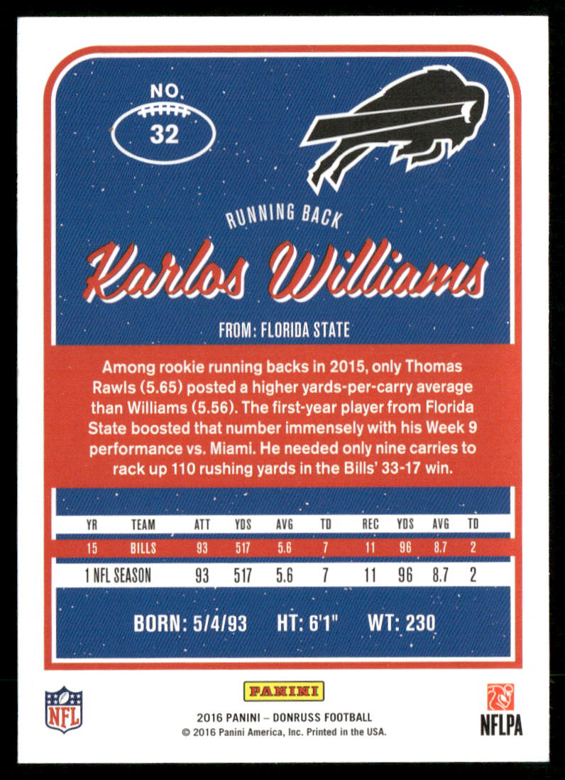 Karlos Williams 2016 Donruss #32 Buffalo Bills