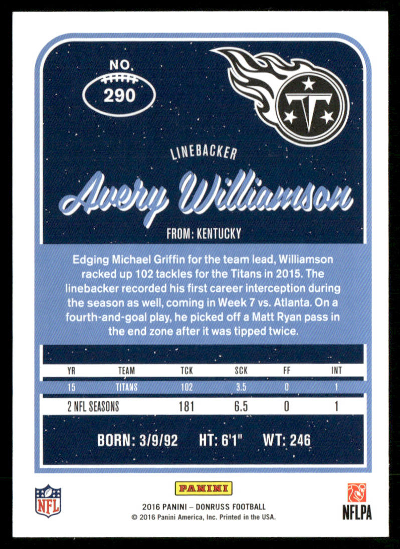 Avery Williamson 2016 Donruss #290 Tennessee Titans