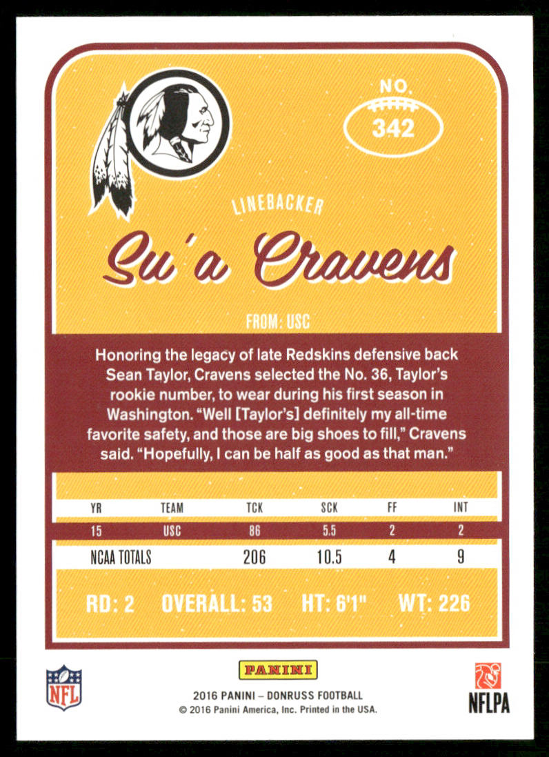Su'a Cravens 2016 Donruss #342 RC Washington Redskins