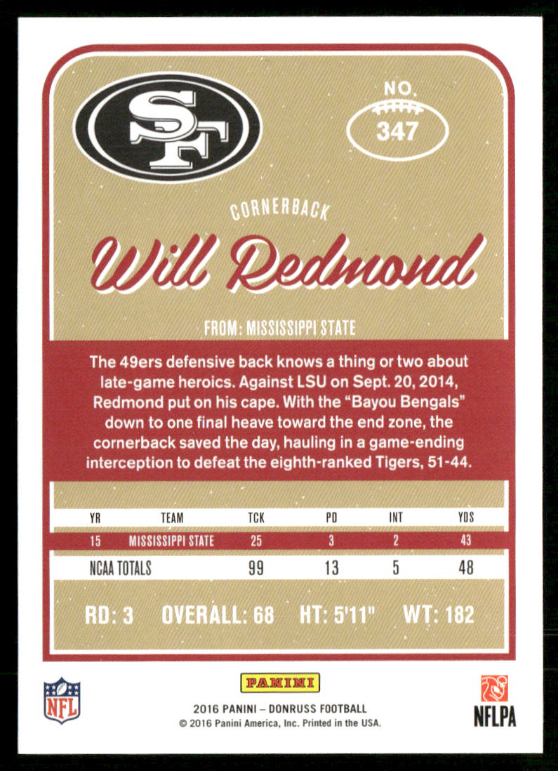 Will Redmond 2016 Donruss #347 RC San Francisco 49ers