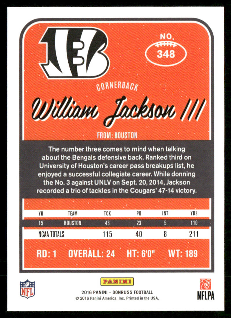 William Jackson III 2016 Donruss #348 RC Cincinnati Bengals