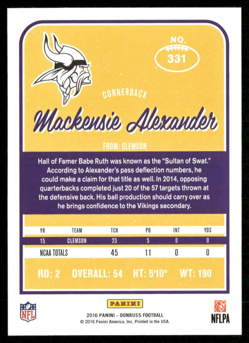 Mackensie Alexander 2016 Donruss #331 RC Minnesota Vikings