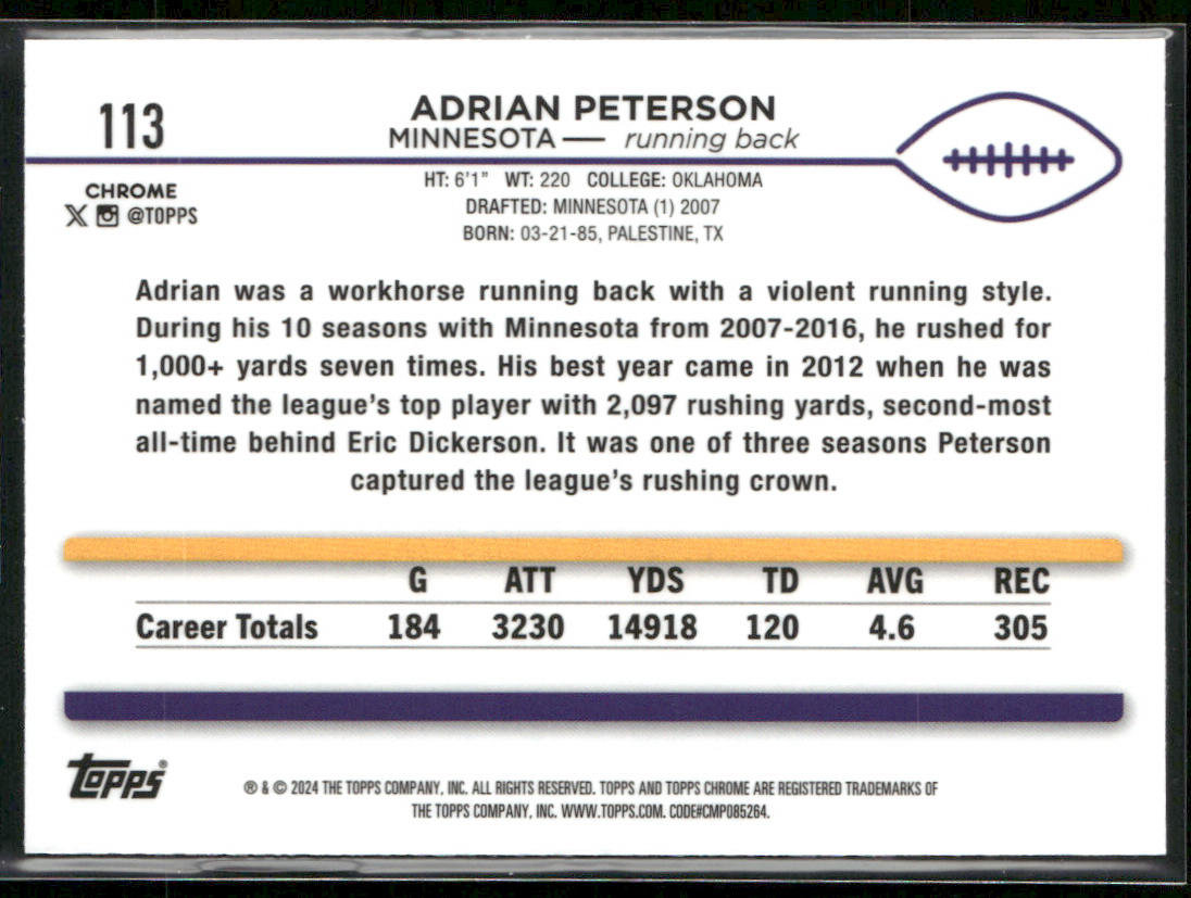 2024 Topps Chrome #113 Adrian Peterson X-Fractor