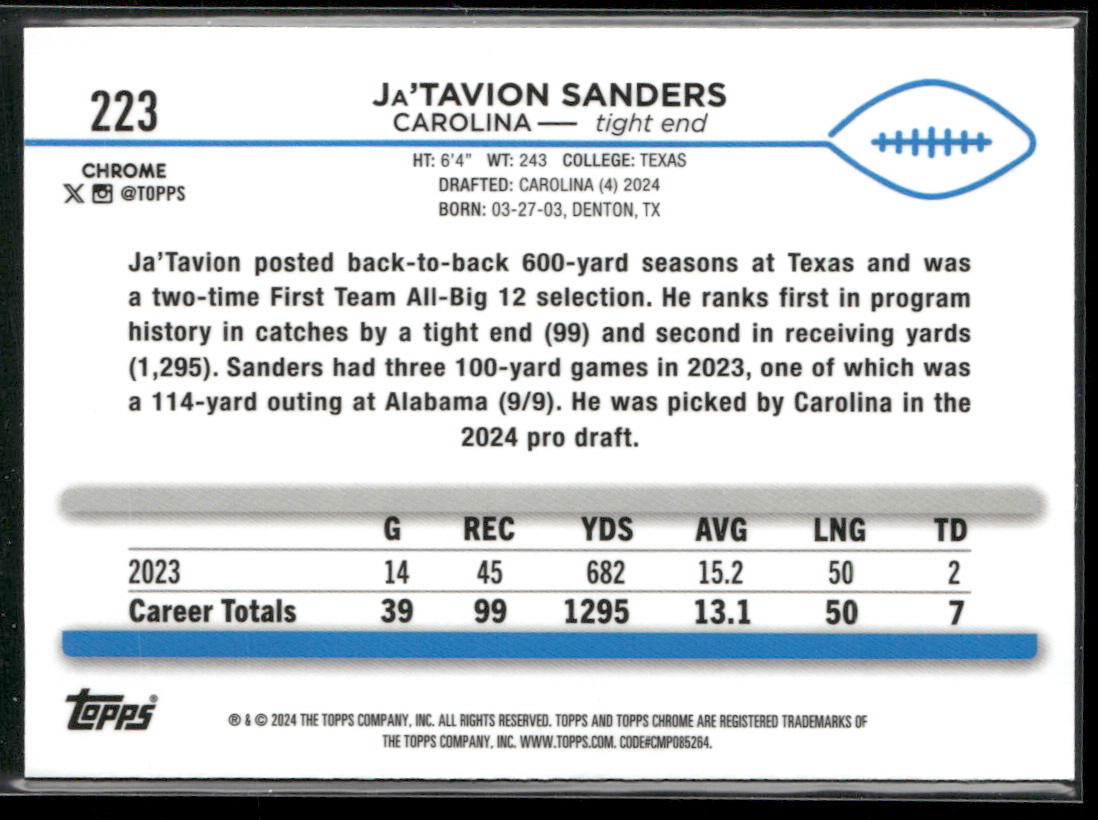 2024 Topps Chrome #223 Ja'Tavion Sanders