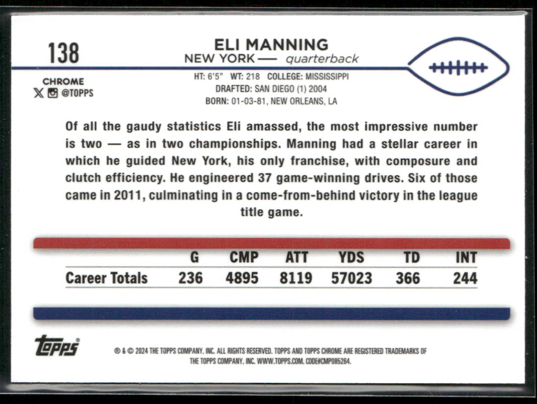 2024 Topps Chrome #138 Eli Manning Teal Refractor #/250