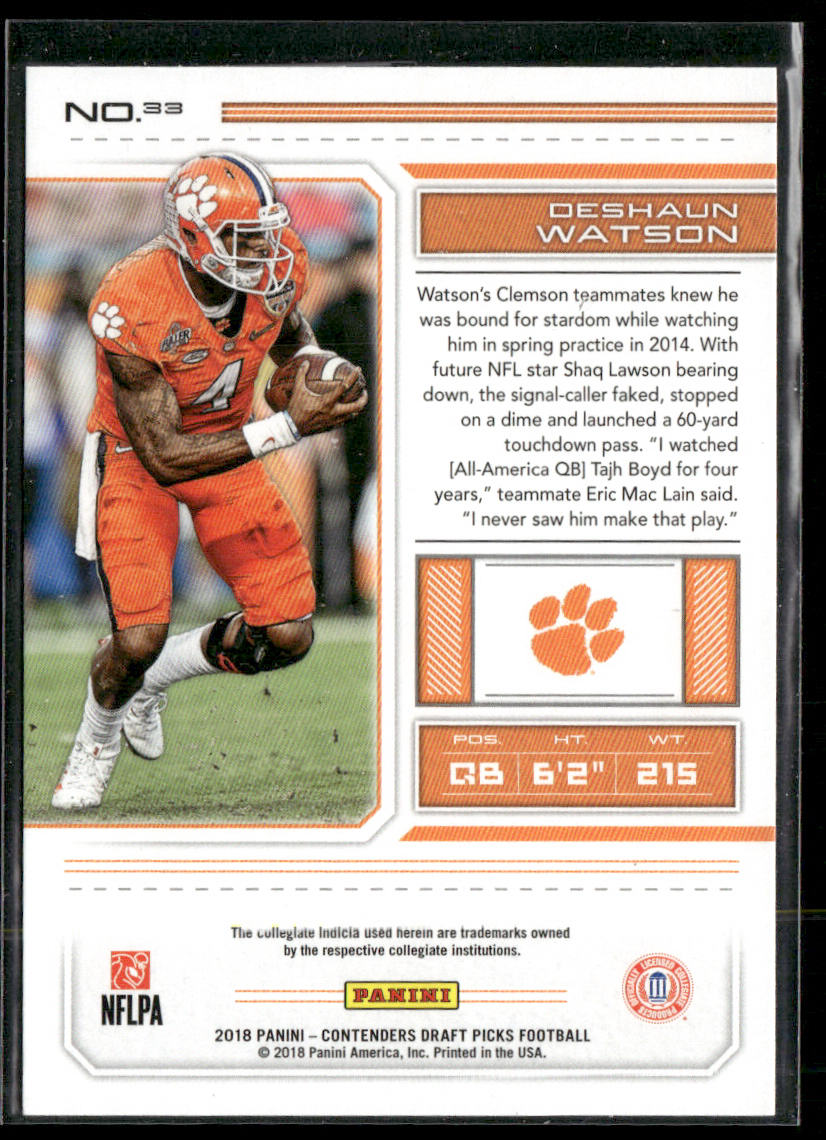 Deshaun Watson 2018 Panini Contenders Draft Picks #33 Clemson Tigers