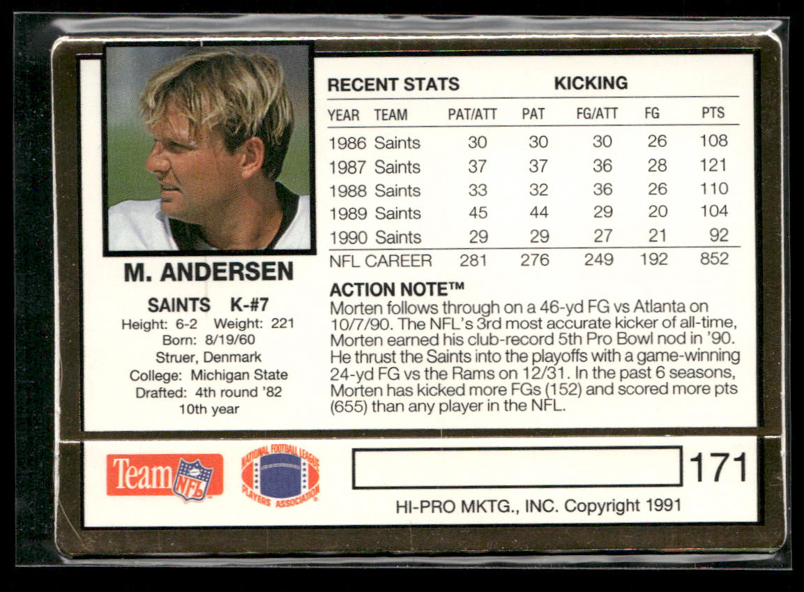 Morten Andersen 1991 Action Packed #171a New Orleans Saints