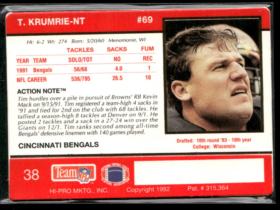Tim Krumrie 1992 Action Packed #38 Cincinnati Bengals