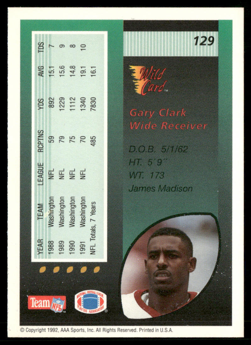 Gary Clark 1992 Wild Card #129 Washington Redskins